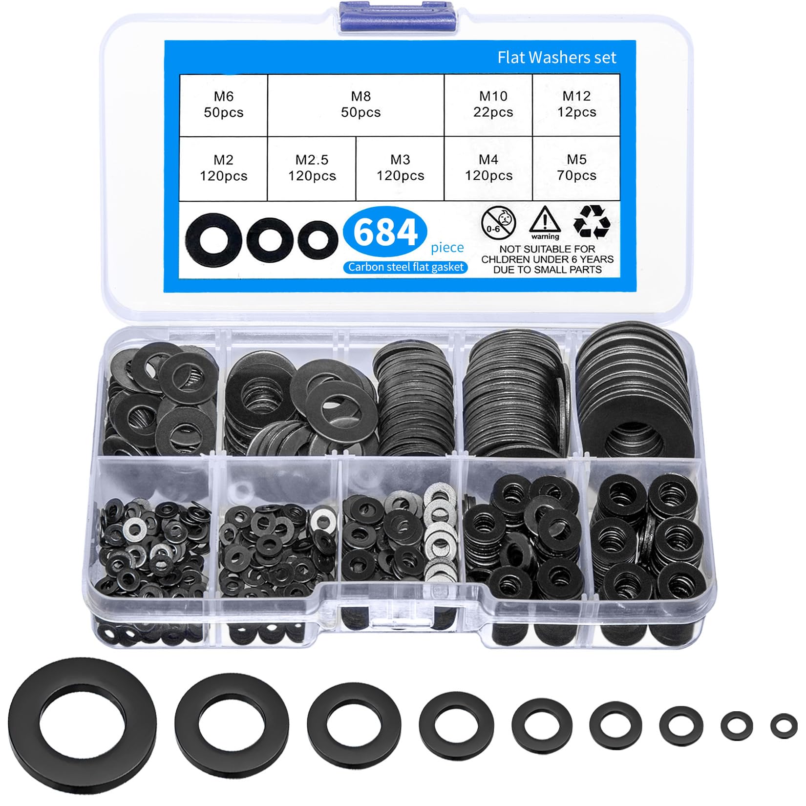 TOOINKCV 684 Pcs Flat Washers Assortment Set, Sealing Gasket Washers Kit, Metal Round Flat Lock Seals Spacer Washers, O Ring Set for General Repair, M2 M2.5 M3 M4 M5 M6 M8 M10 M12