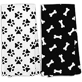 KTYHD Black and White Dog Paws Kitchen Towels, Dog Mom Dad Lovers Gifts Dish Towels for Kitchen, Dogs Bathroom Hand Towels Decorative Set of 2, Pet Lover Gifts for Women Men Home & Kitchen