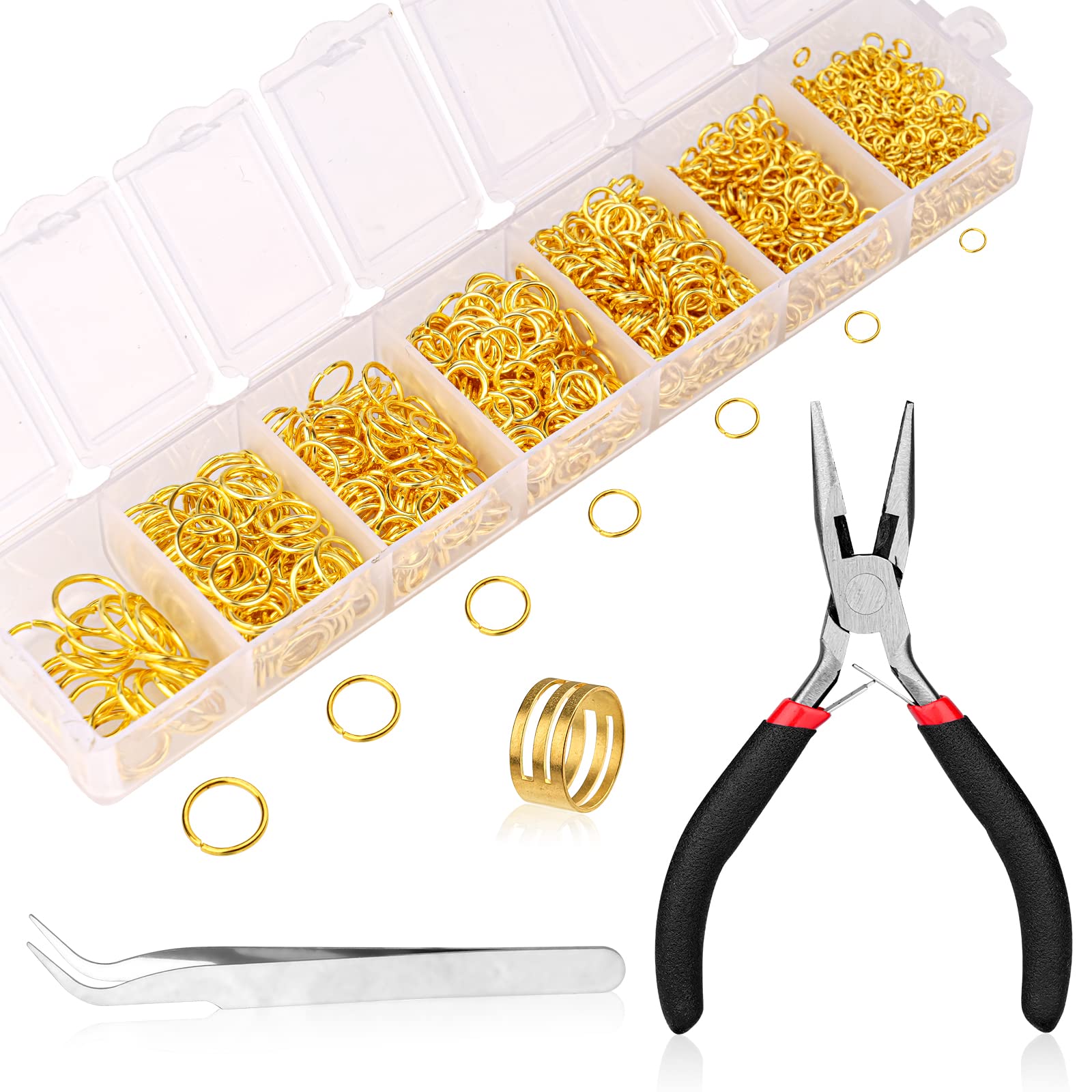 Jump Rings Jewellery Making Kits - funvce 1170pcs Open Jump Rings Jewellery Findings Round Rings with Openner,Plier,Tweezer Tools (4mm, 5mm, 6mm, 7mm, 8mm, 10mm) (Gold)