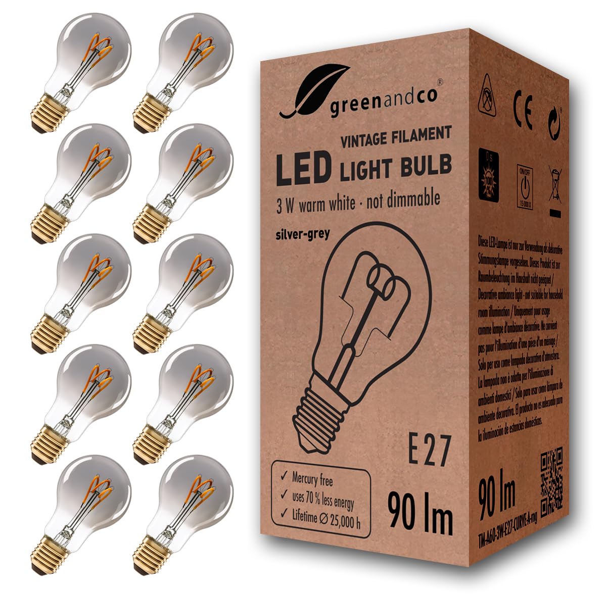 greenandco® E27 A60 LED Vintage Filament Bulb Silver Grey 3W 90lm 1800K Extra Warm White 360° 230V, no Flicker, not dimmable, 10-Pack