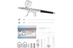 Rhinowisdom Airbrush Kit - Airbrush Gun Set Dual-Action Gravity Feed with 0.2, 0.4 & 0.5mm Needle Sets - Air Brush Set with 2 1/3 oz Replacement Cups for Nails Model Painting Cake Tattoo Makeup