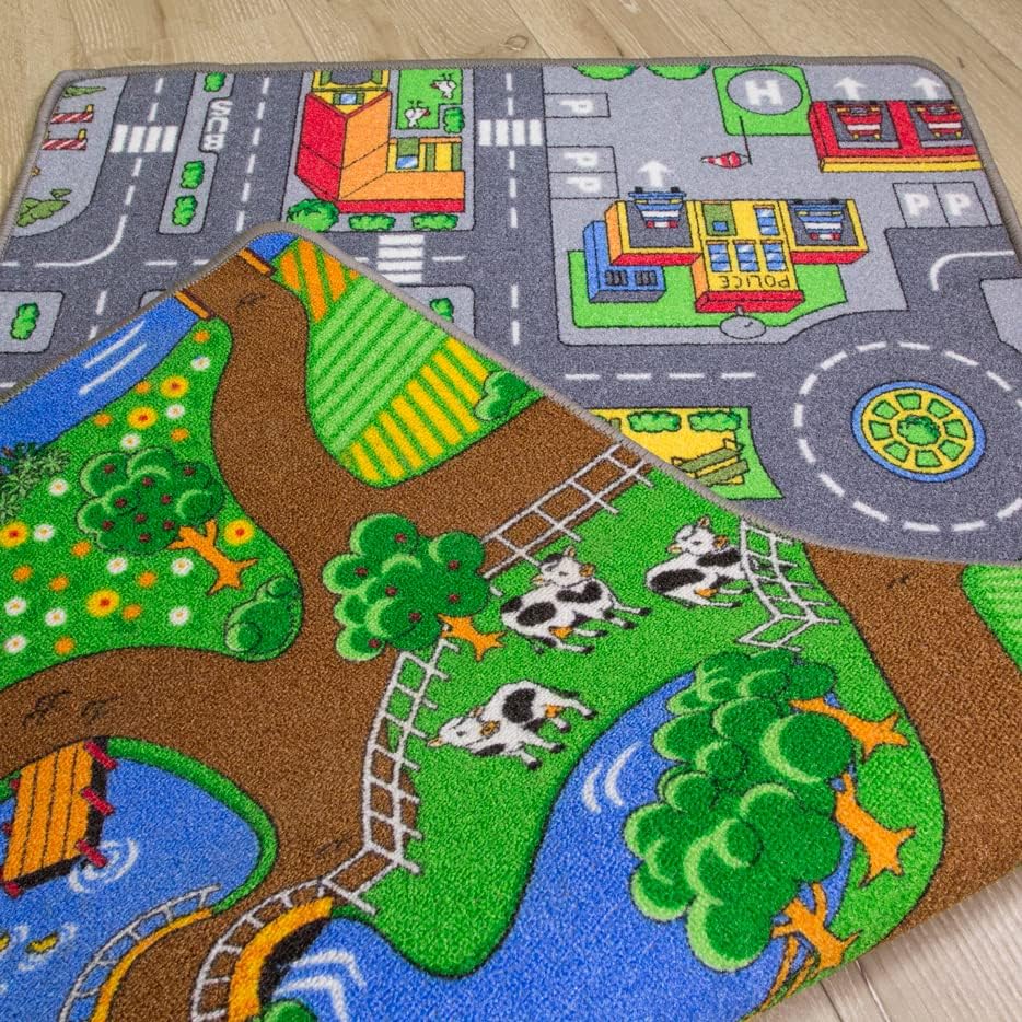 The Rug House Children's Double Sided Play Village Farm Mat Rug