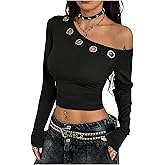 RoseSeek Women's Grommet Eyelet Off The Shoulder Tops Fitted Long Sleeve T Shirts Y2k Crop Tops Streetwear