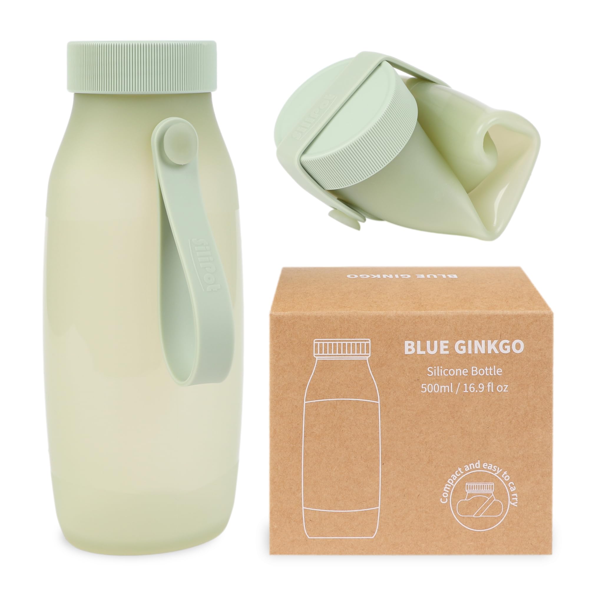 BLUE GINKGO Collapsible Water Bottle – Lightweight, Foldable Silicone Bottle for Travel, Hiking, and Camping (500ml, Made in Korea, Green)