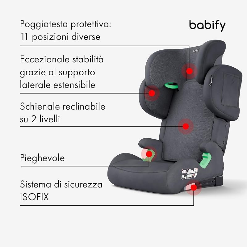 FlexiFit Premium - Seggiolino per Auto con Isofix, Gruppo 2/3 (15-36 kg, 100-150 cm), ECE R129, Poggiatesta con 11 Posizioni, Schienale Reclinabile, Design Pieghevole, Grigio