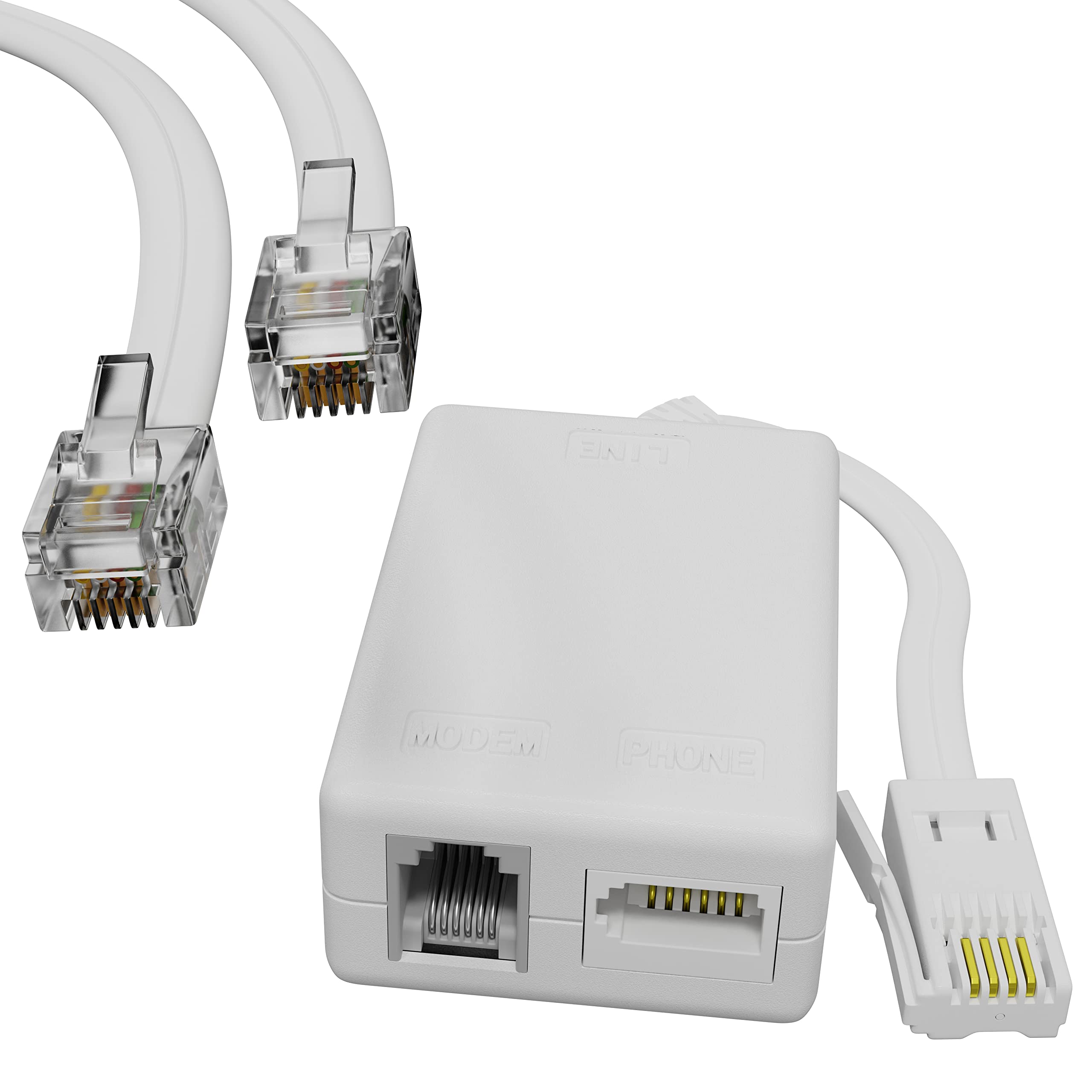 ConnectingU® ADSL Micro Filter/Splitter with Tail Bundled with 7.5m long White RJ11 Premium Quality Modem Cable with Gold Plated Contact Pins Male to Male.