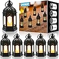 SHYMERY Mini Lantern with Flickering LED Candles,Vintage Black Decorative Hanging Candle Lanterns for Halloween,Wedding Decorations,Christmas,Table Centerpiece,Battery Included（Set of 6）
