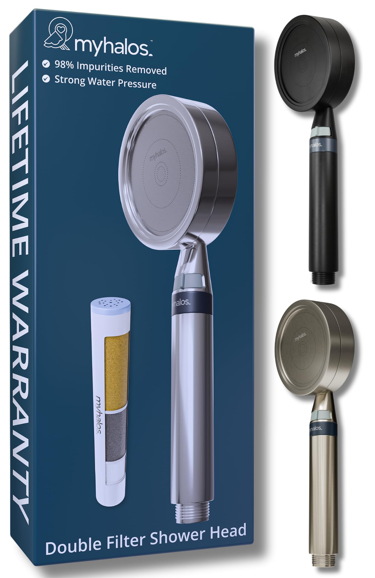 MyHalos® Shower Filter for Hard Water UK - High Pressure Filter Shower Head Set (no Hose) to Reduce Chlorine, Water Softener - Easy to Install Power Filtered Showerhead (Chrome)