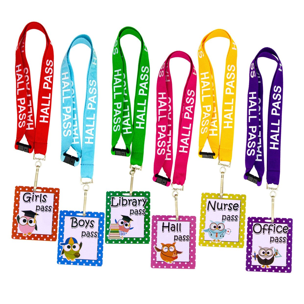 Owl Hall Pass Lanyards and School Passes Set of 6