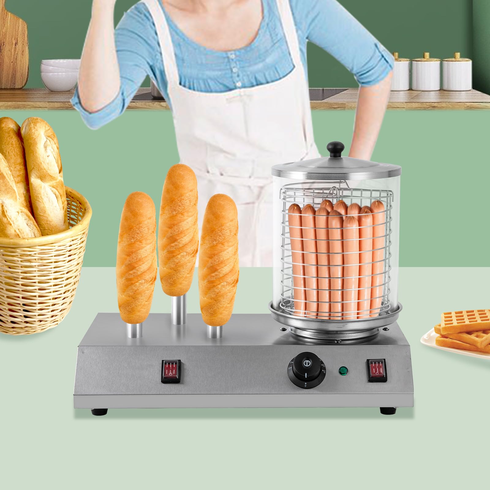 Hot Dog Steamer with Lid Stainless Steel Dog Steamer And 3 Bun Warmer Adjustable Temperature 86-230℉,Hotdog Machine with Bun Warmer for Hot Dogs, Sausages, Breads&Baguettes
