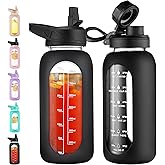 CIVAGO 32 oz Glass Water Bottle with Straw and Handle, Large Sports Motivational Water Bottle Flask with Time Marker and 2 Lids, Leakproof Water Jug Canteen with Silicone Sleeve for Gym,Black