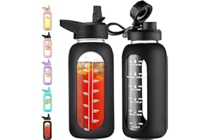 CIVAGO 32 oz Glass Water Bottle with Straw and Handle, Large Sports Motivational Water Bottle Flask with Time Marker and 2 Lids, Leakproof Water Jug Canteen with Silicone Sleeve for Gym,Black