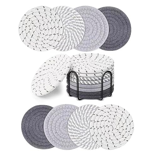 Drink Coasters with Holder, 4 Colors Absorbent Coasters for Drinks, 8 PCS Cup Cotton Woven Set for Coffee Table Home Decor Tabletop Protection