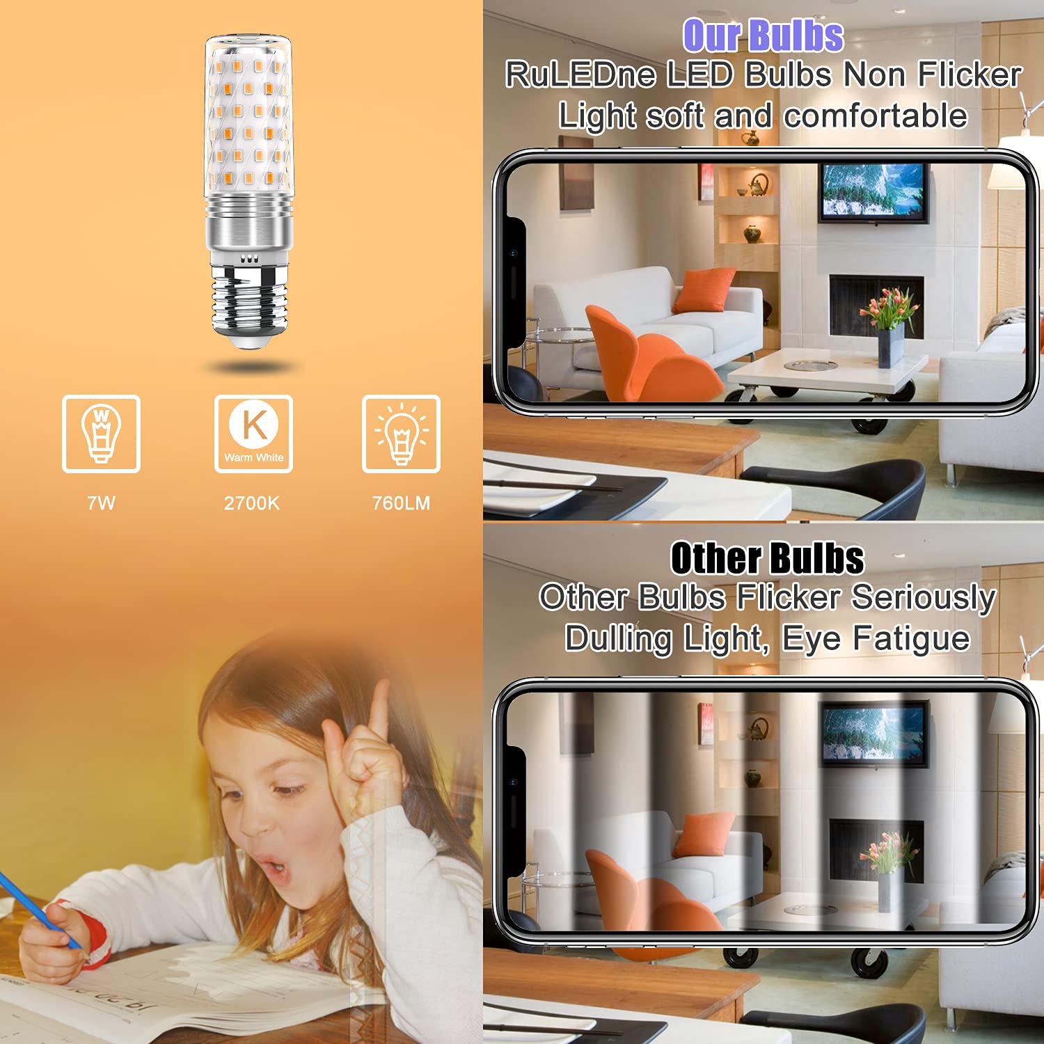 RuLEDne E27 LED Lampen Warmweiß 7W Mais Birne Lampen 2700K, Edison Schraube E27 LED Energiesparlampe Birnen Ersetzt 60W-80W Glühlampe 5 Pack 5