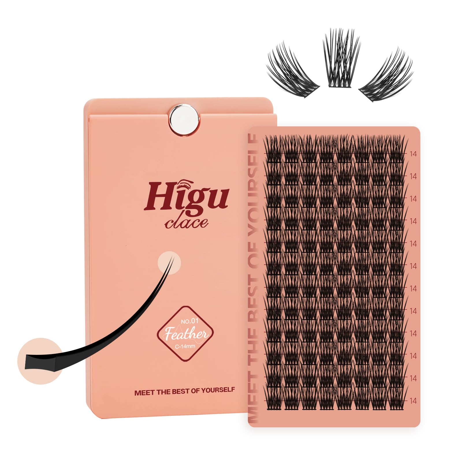 Higu clace Lash Clusters, Individual Eyelashes 88pcs Lightweight Volume Look 14mm Lash Extensions C Curl Reusable with Mini Mirror Flat Band Lashes DIY at Home (Feather C 14mm)