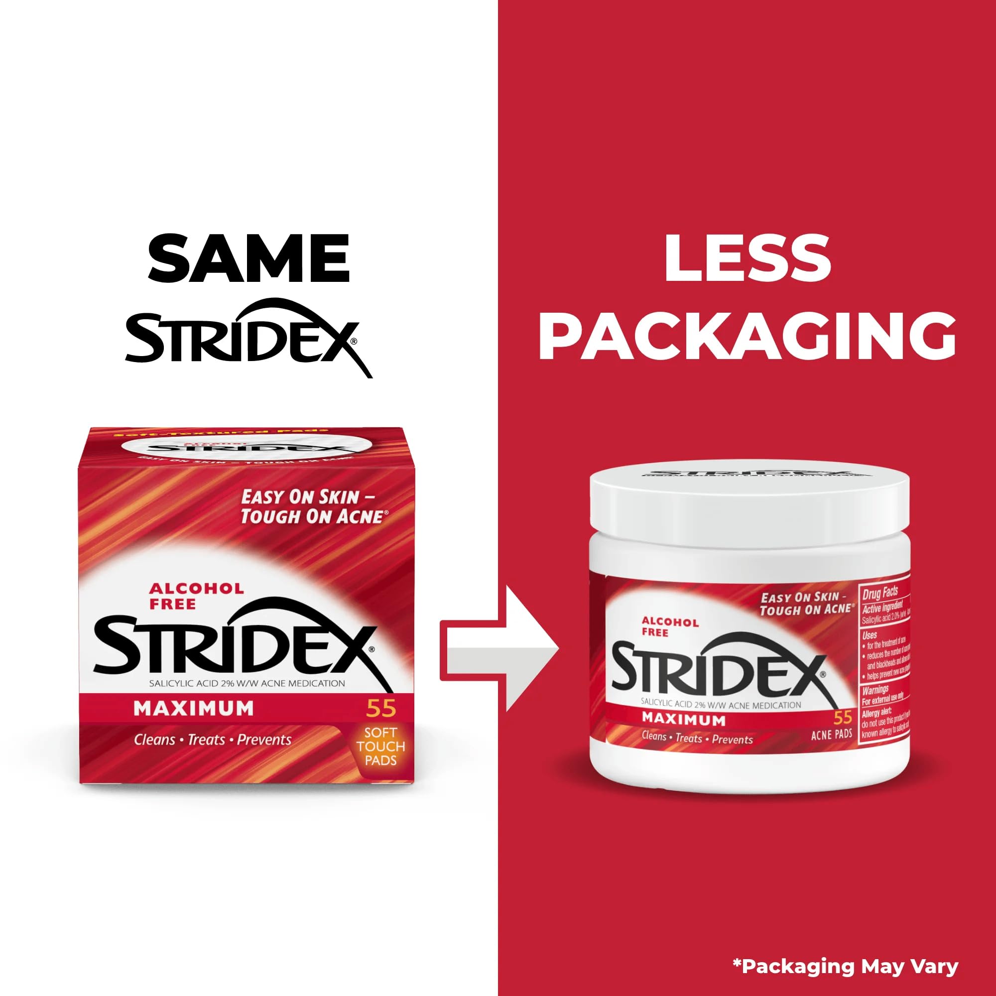 Stridex Medicated Acne Pads, Maximum, 55 Count – Facial Cleansing Wipes, Alcohol Free, Acne Treatment for Face, For Moderate Acne, Smooth Application