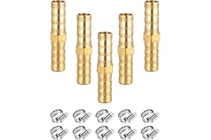NICOLEKAY 5 pcs 3/8" Barb Splicer Mender Hose Brass Barb Fitting with 10 pcs Stainless Steel Pipe Clamps for Water/Fuel/Air