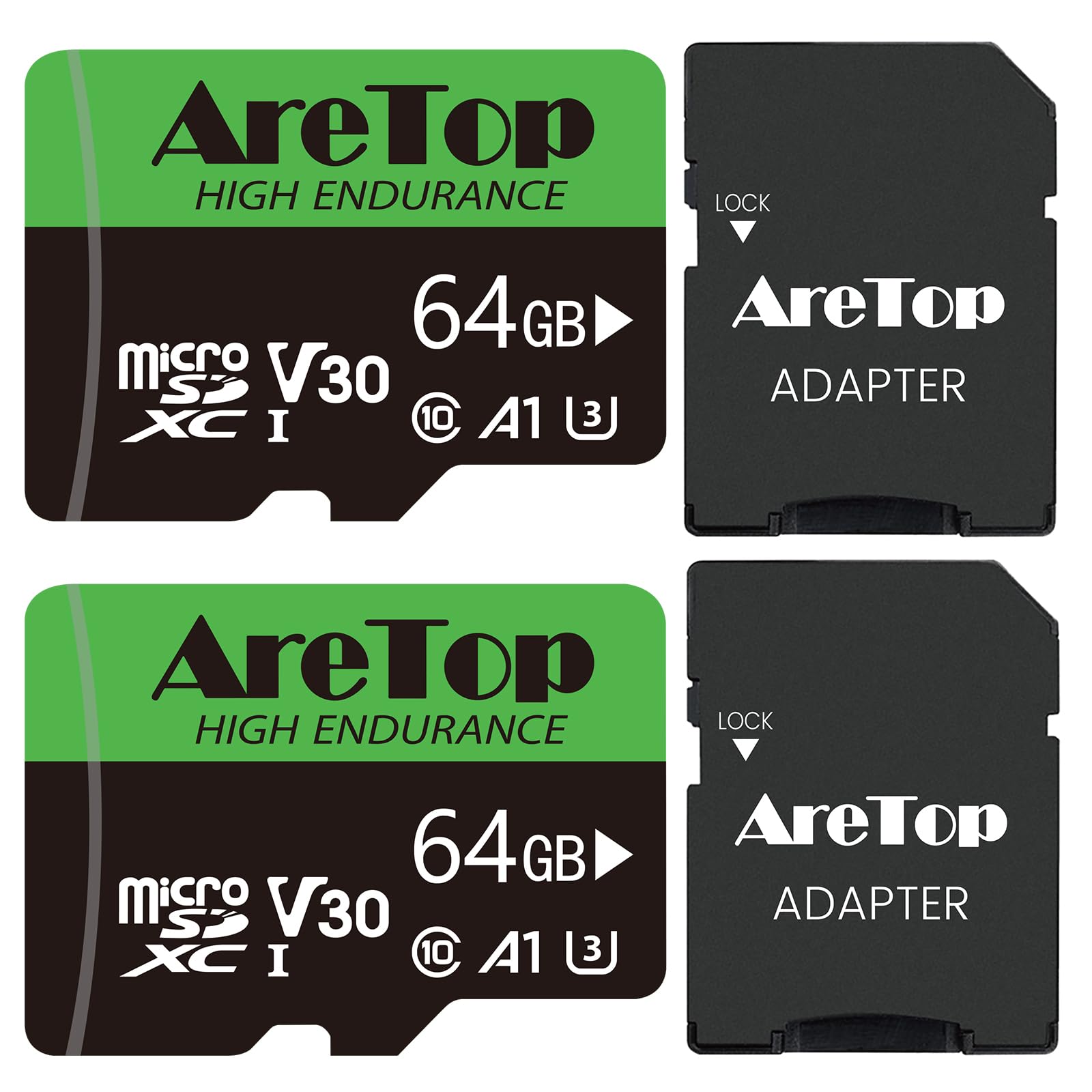 Aretop 64GB Micro SD Card 2 Pack, MicroSDXC with SD Adapter,A1,C10,U3, V30,UHS-I,Read Speed Up to 90MB/s,Micro Memory Card 4K Full HD Video Recording for Tablette/Drone/Dash Cam/Camera/Phone/Switch