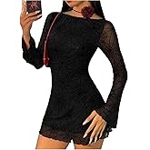 Milumia Women's Sexy Backless Mesh Mini Dress Sheer Long Bell Sleeve Boat Neck Party Club Dresses
