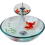 OUBONI Goldfish Glass Vessel Sink Clear Bathroom Bowl Sink with Faucet and Drain Round Bathroom Sinks Above Counter