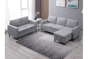 PUREMIND 3 Pieces Sofa Sets, Included 3 Seat L-Shaped Sectional Couch and Loveseat and Storage Ottoman, Linen Fabric, Wooden Legs Linen Comfy Living Room Furniture Sofa Sets, Light Grey