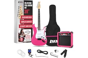 LyxPro 39" inch Full Size Electric Guitar with 20w Amp, Package Includes All Accessories, Digital Tuner, Strings, Picks, Tremolo Bar, Shoulder Strap, and Case Bag Complete Beginner Starter kit - Pink