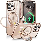 [CD Metal Ring & Invisible 360° Spin Stand] Magnetic Case for iPhone 16 Pro Max [Electroplated Shockproof Bumper ][Compatible with Mag Safe] Cover with Stand for Women Men Slim Clear, Desert Titanium