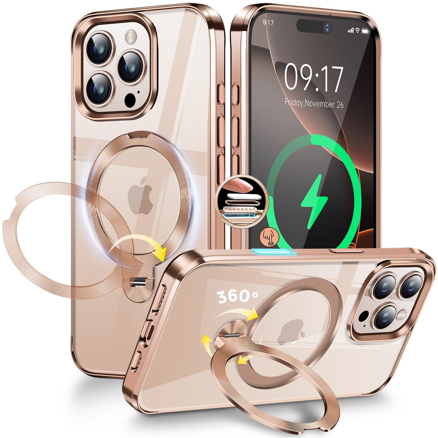 Photo 1 of [CD Metal Ring & Invisible 360° Spin Stand] Magnetic Case for iPhone 16 Pro [Electroplated Shockproof Bumper ] [Compatible with Mag Safe] Cover with Stand for Women Men Slim Clear - Desert Titanium