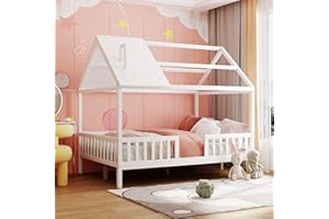 MERITLINE Kids House Bed Full Size, Wooden Full Kids Bed Frame with Roof and Fence, House Full Bed for Kids, Teens, Girls, Boys, No Box Spring Needed (Full, White)