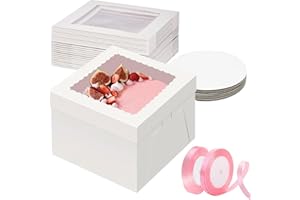 NIKONIKO 8x8x8 inch Cake Box, 20pcs Bakery Boxes with Window and 20pcs Boards, White Cookie Boxes, Disposable Cake Containers