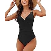 Charmo Tummy Control One Piece Swimsuits for Women Ribbed Ruched Bathing Suit V Neck Strappy Monokini