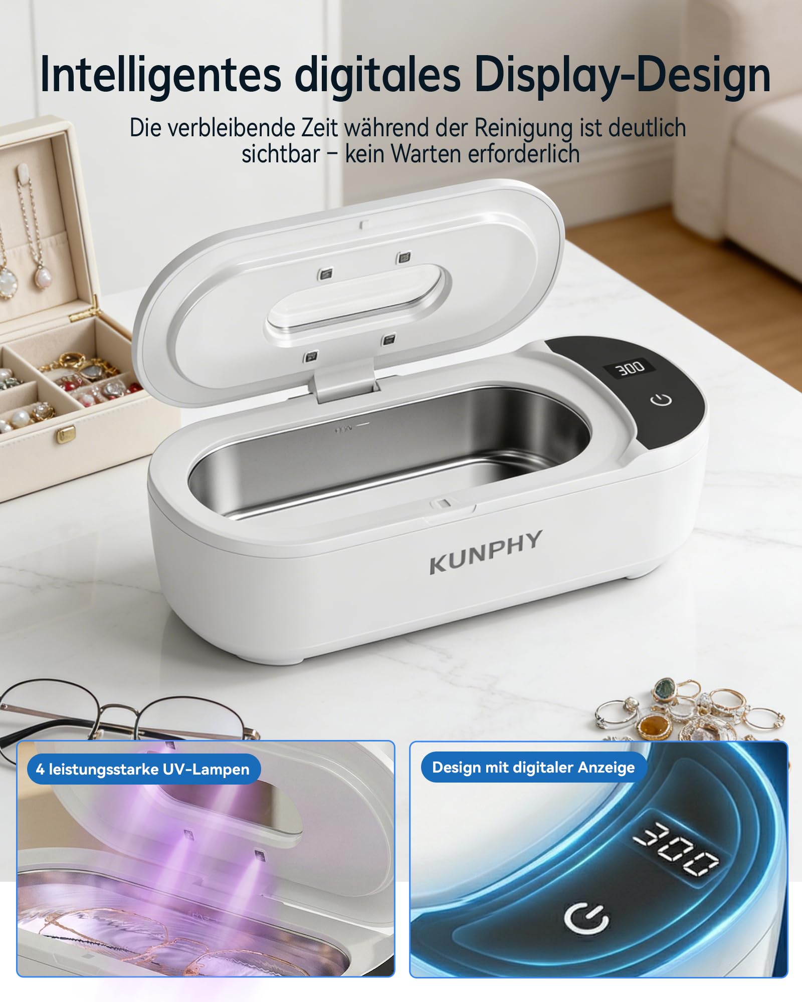 KUNPHY Ultraschallreinigungsgerät mit U-V – Brillenreinigungsgerät 400ml(20Oz) 48kHz, Ultrasonic Cleaner mit digitalem Dual-Modus-Display(5/10min), Ultraschallreiniger für Brille, Schmuck, Uhren 4