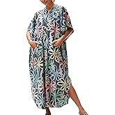 Chunoy Womens Button Down V Neck Kimono Sleeve Long Kaftan Beachwear Cover Up Maxi Dress