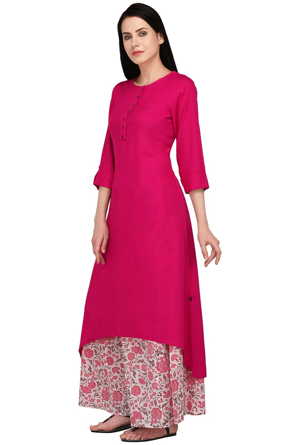 pistaa's women's viscose pink high low kurta with printed palazzo set