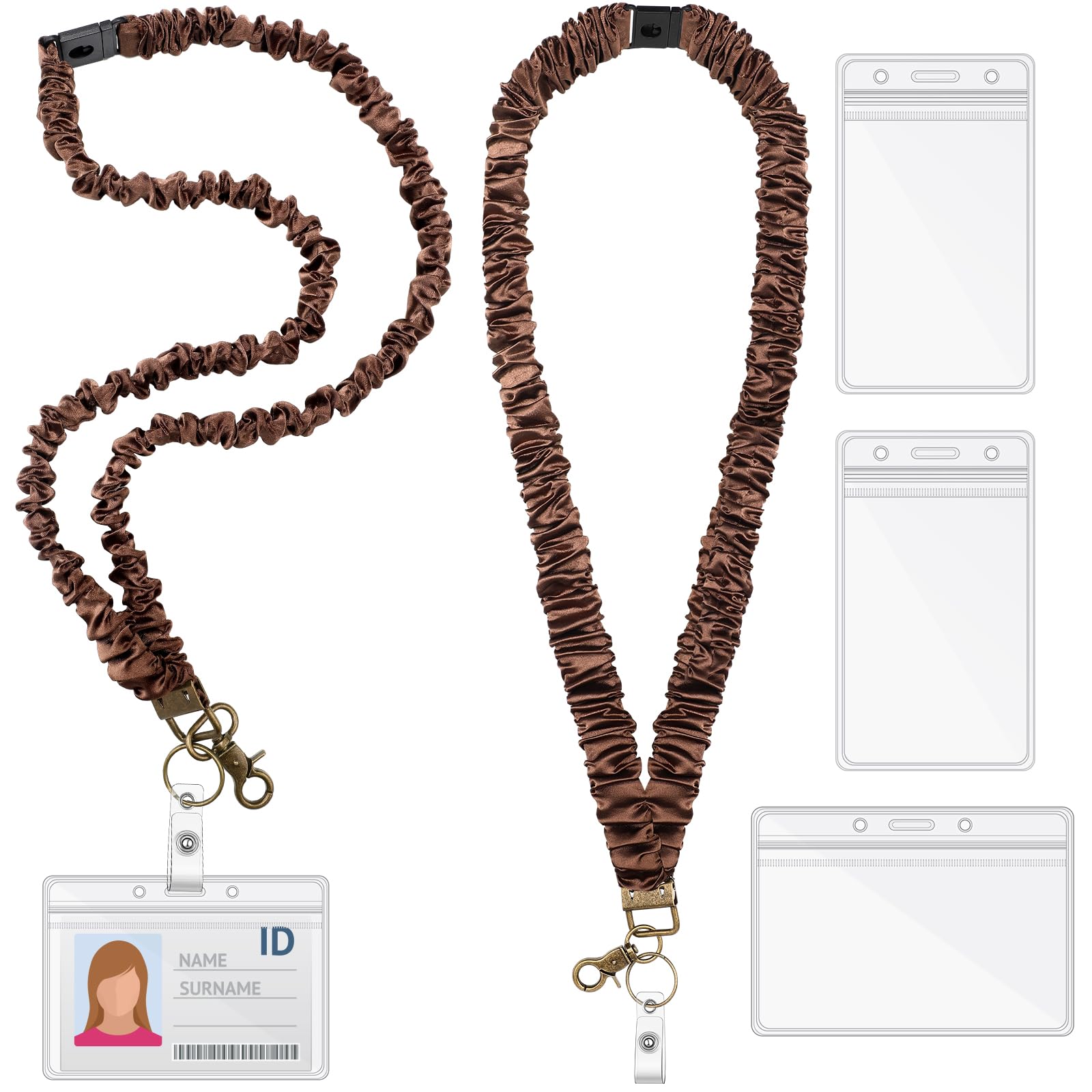 Photo 1 of 2 Set Teacher Scrunchie Lanyard with Safety Breakaway Buckle ID Badges Holder Retractable Lanyard for Office Teacher Gift(Pure Color Style,Brown)