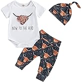 SAYOO Western Newborn Baby Boys Cowboy Outfit Cow Print Letter Bodysuit Long Leggings Cap 3pcs Infant Boy Country Clothes
