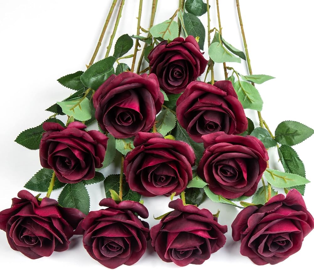 DuHouse 10Pcs Artificial Roses Burgundy Long Stem Silk Flower Set