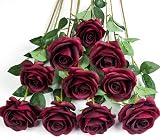 DuHouse 10Pcs Artificial Roses Burgundy Long Stem Silk Flower Set