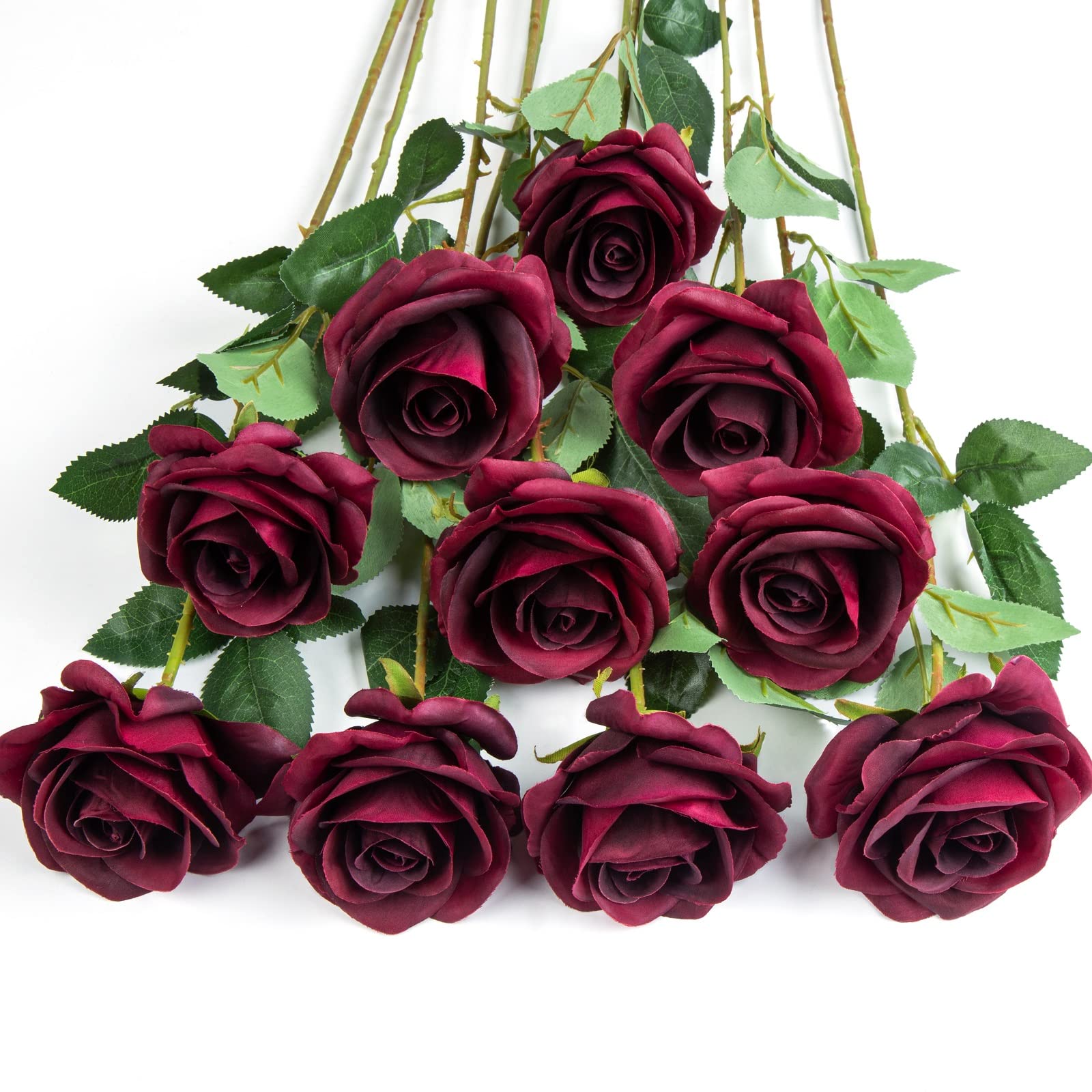 DuHouse 10Pcs Artificial Roses Fake Silk Flowers Realistic Bridal Bouquets with Single Long Plastic Stems for Arrangement Wedding Table Centerpiece Party Home Decor(Burgundy-Long Stem) — image 1