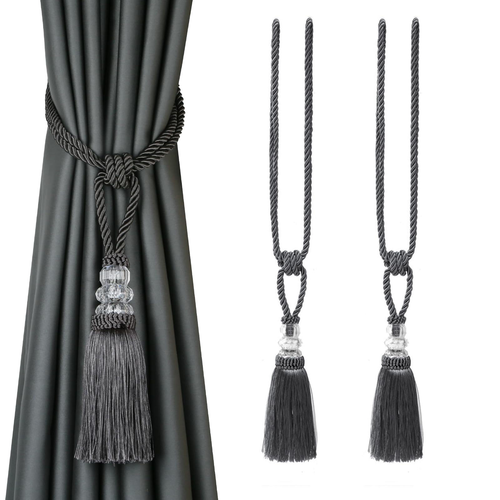 BEL AVENIR 2 Pack Curtain Hand-Woven Tiebacks Crystal Holdbacks Home Decorative (Charcoal, 2 Pack)