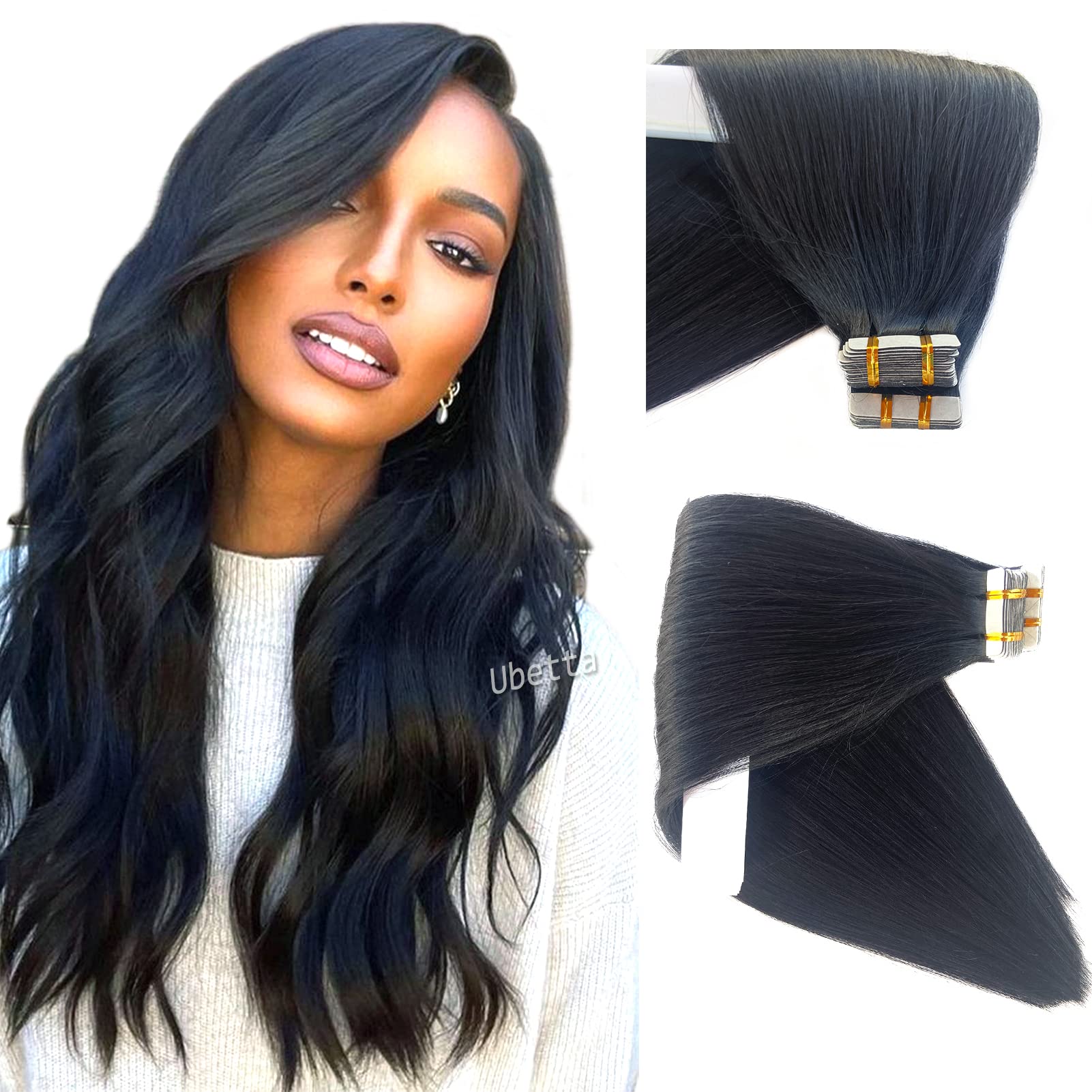 Photo 1 of Tape in Hair Extensions Human Hair for Black Women - Jet Black, 50G, 20 Pcs Invisible Tape ins, 20 Inch Real Human Hair