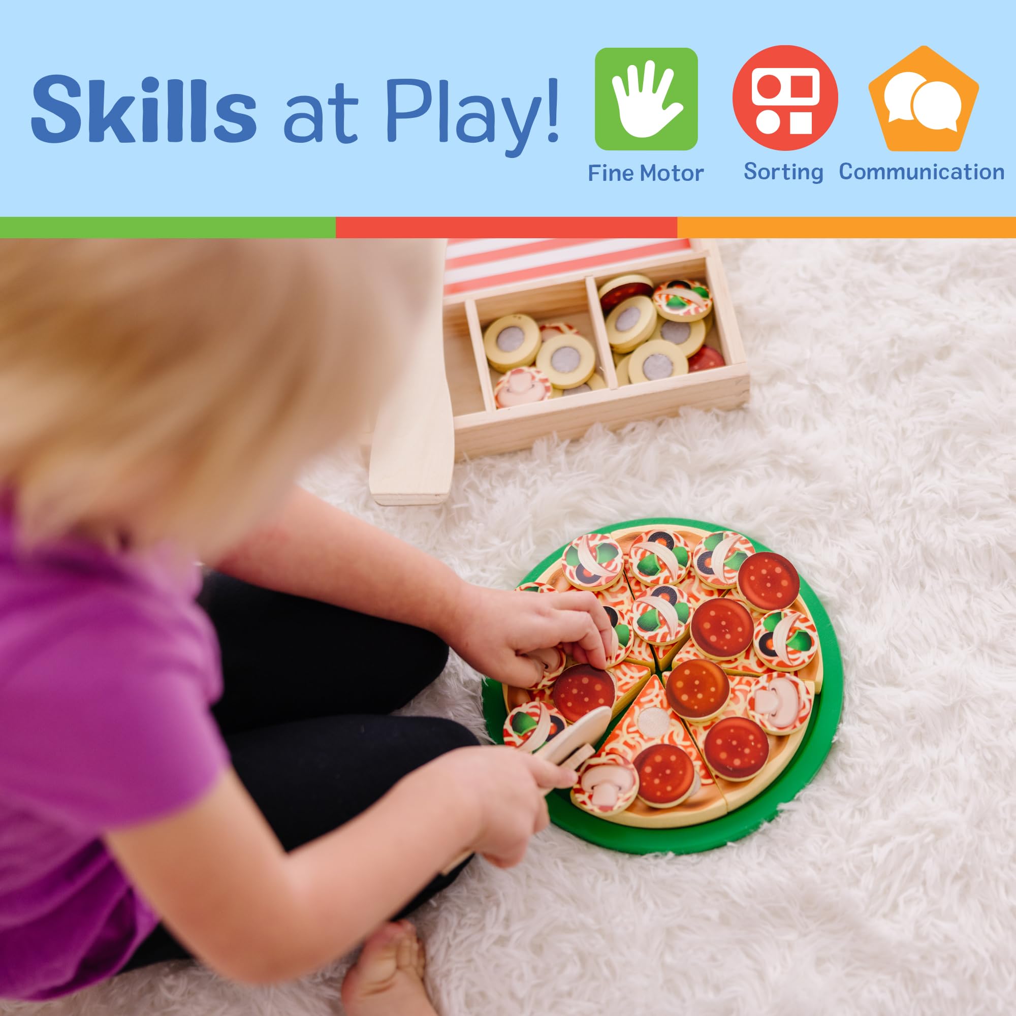 Melissa & Doug Wooden Pizza Party Play Set, 36 Self-Stick Toppings, Pizza Toy Kitchen Set & Play Kitchen Accessories, Preschool Toys for Boys & Girls 3+