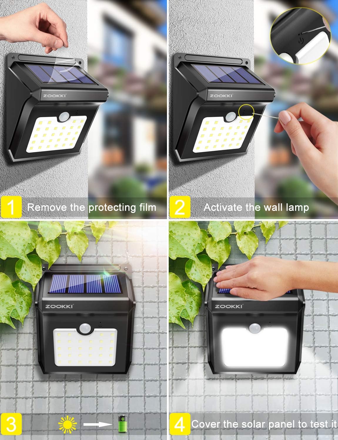 ZOOKKI Solar Lights Outdoor, 28 LED Wireless Motion Sensor Lights, IP65 Waterproof Wall Light Easy-to-Install Security Lights for Outdoor Garden, Patio, Yard, Deck, Garage, Driveway, Fence 4 Pack - - 