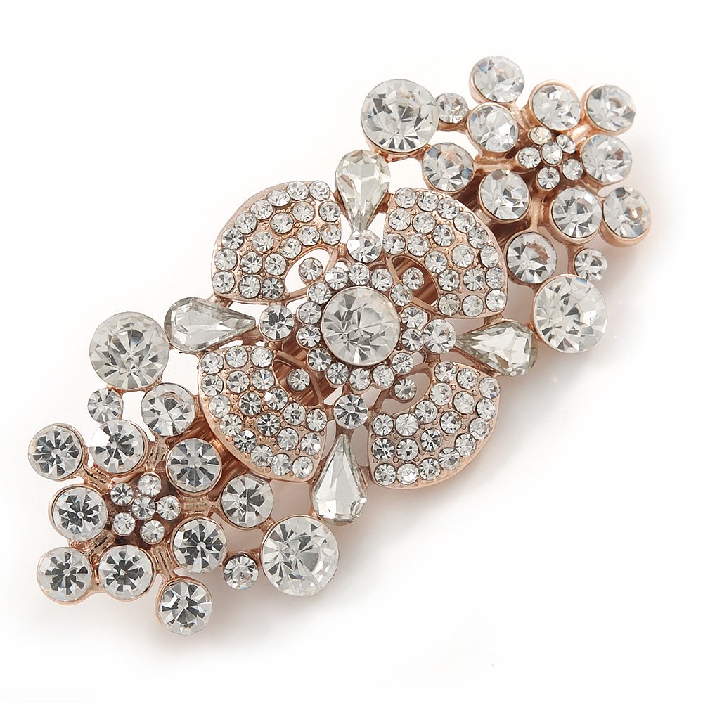Medium Rose Gold Tone Clear Crystal Floral Barrette Hair Clip Grip - 65mm Across