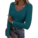 Roselux Womens Long Sleeve V Neck Ribbed Knit Fitted Casual Tops Tee Slim Basic Shirt