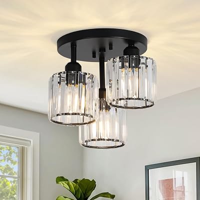 Rayofly 3-Light Modern Crystal Chandeliers Black Semi Flush Ceiling Light