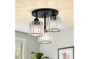 PAUFUL Crystal Semi Flush Mount Ceiling Light,3-Light Modern Close to Ceiling Light Fixtures,Black Kitchen Light Fixtures with Clear Crystal Shade,Hallway Light Fixtures for Hallway Bedroom Bathroom