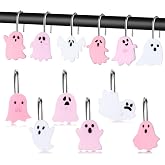 MALLMALL6 Halloween Shower Curtain Hooks - 12Pcs Pink Boo Decorative Hangers Metal Rustproof Bathroom Horror Gothic Decor Pendants Accessories with Cute Ghost Nightmare Spooky Stainless Curtains Rings