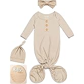 Baby Noah Newborn Knotted Gown, Ultra-Soft Silky Long Sleeve Sleeper, Unisex Coming Home Outfit Set With Wooden Name Sign