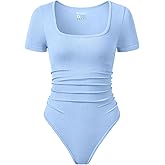 OQQ Women Bodysuits Ruched Short Sleeve Square Neck Stretch Lounge Travel Bodysuits